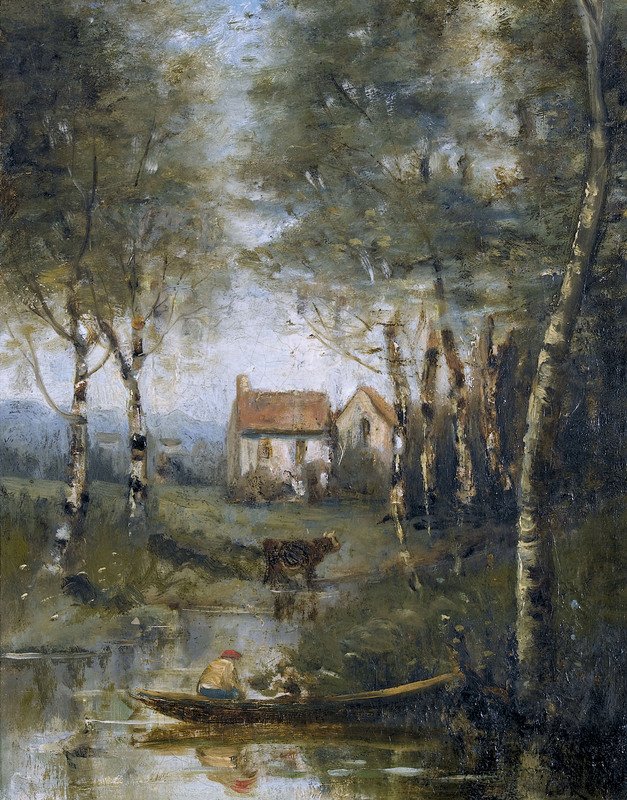 La rivière en bateau et la maison - Jean Baptiste Camille Corot