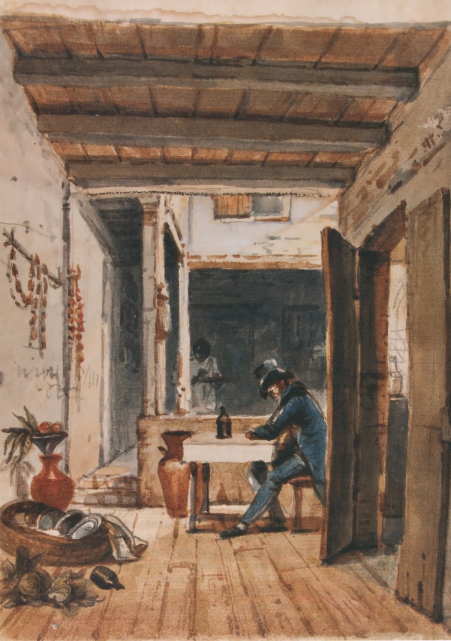 Aquarelle de Debret, où il se représente lui-même dans une auberge - Jean Baptiste Debret