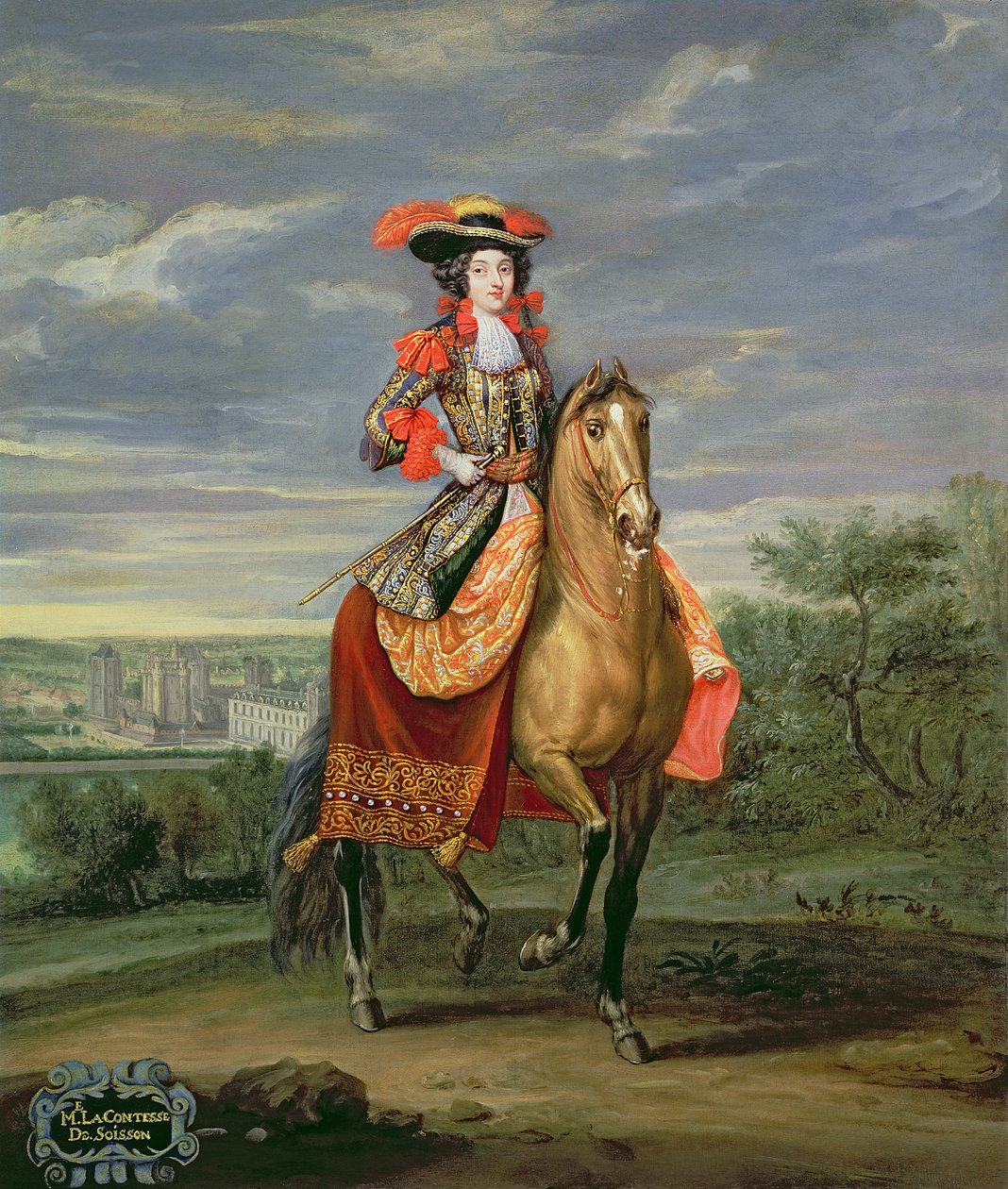 La Comtesse de Soissons à cheval avec vue sur le Château de Vincennes - Jean Baptiste Martin