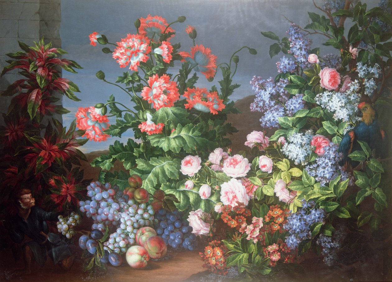 Fleurs, fruits avec un Singe et un Perroquet - Jean Baptiste Monnoyer