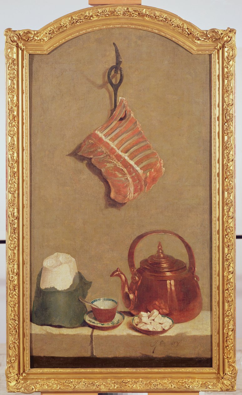 Nature morte avec viande, bouilloire, tasse, pain de sucre et morceaux de sucre - Jean Baptiste Oudry