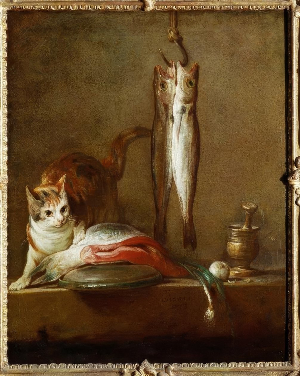 Chat avec tranche de saumon, deux maquereaux, mortier et pi - Jean Baptiste Simeon Chardin