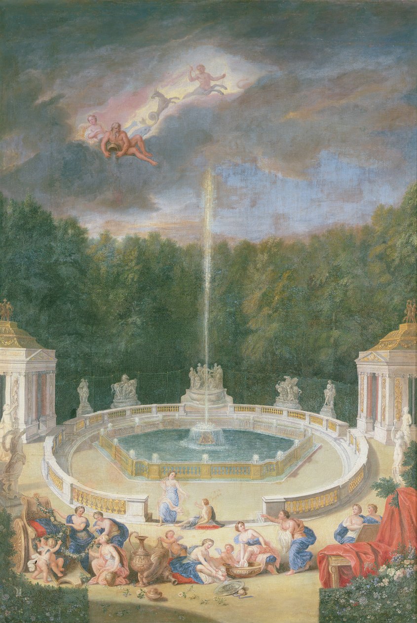 Les bosquets de Versailles. Vue du bosquet des Dômes avec des nymphes décorant le char d
