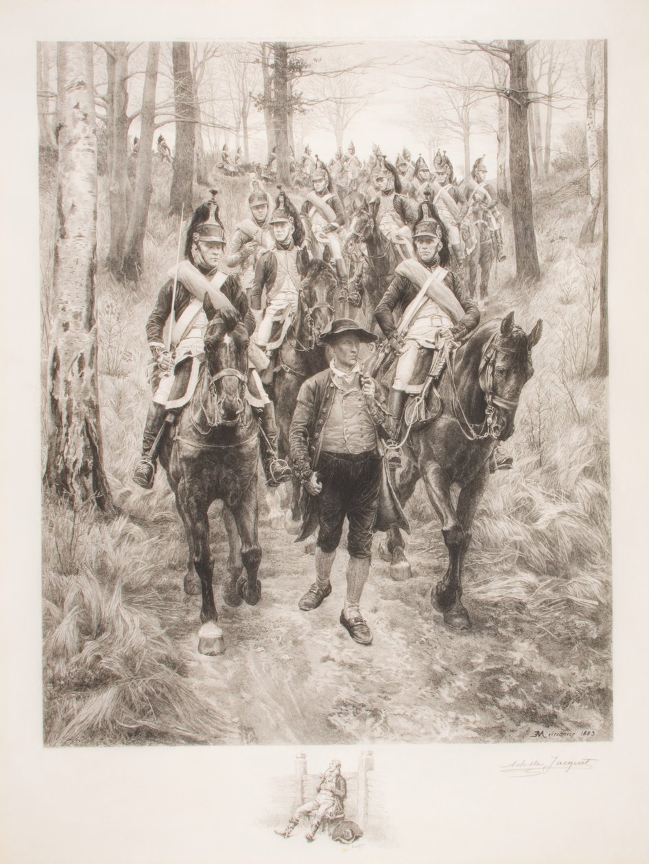 Cavalerie française traversant les bois avec guide, gravée par Achilles Jacquet - Jean Louis Ernest Meissonier