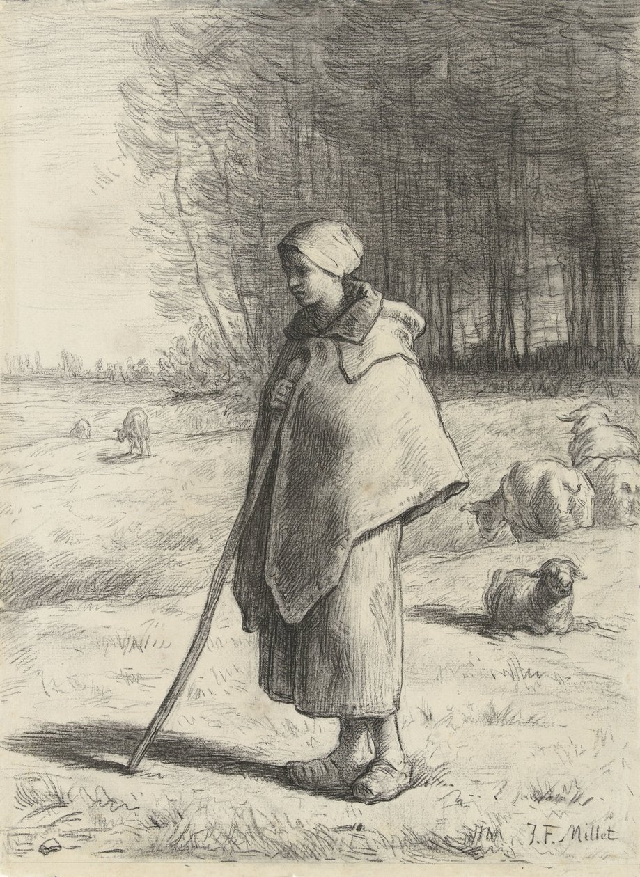 Bergère appuyée sur un bâton - Jean Francois Millet