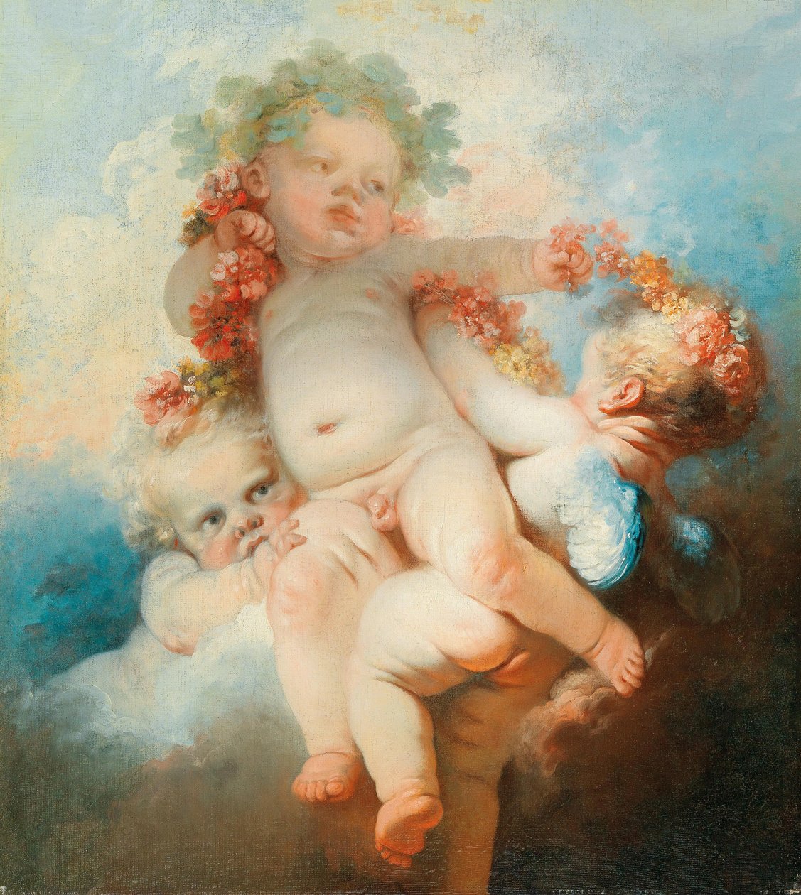 Trois putti couronnés de fleurs - Jean Honore Fragonard