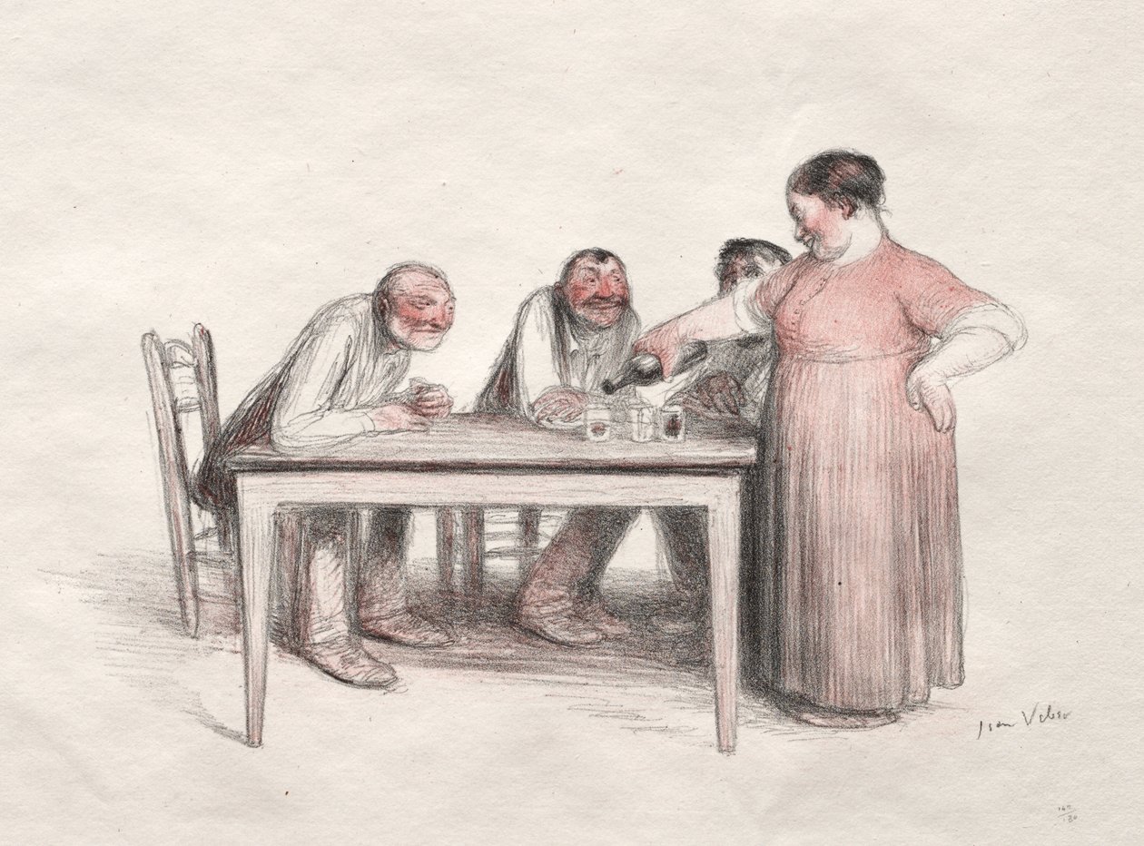 Le verre de vin (lithographie en couleurs) - Jean Veber