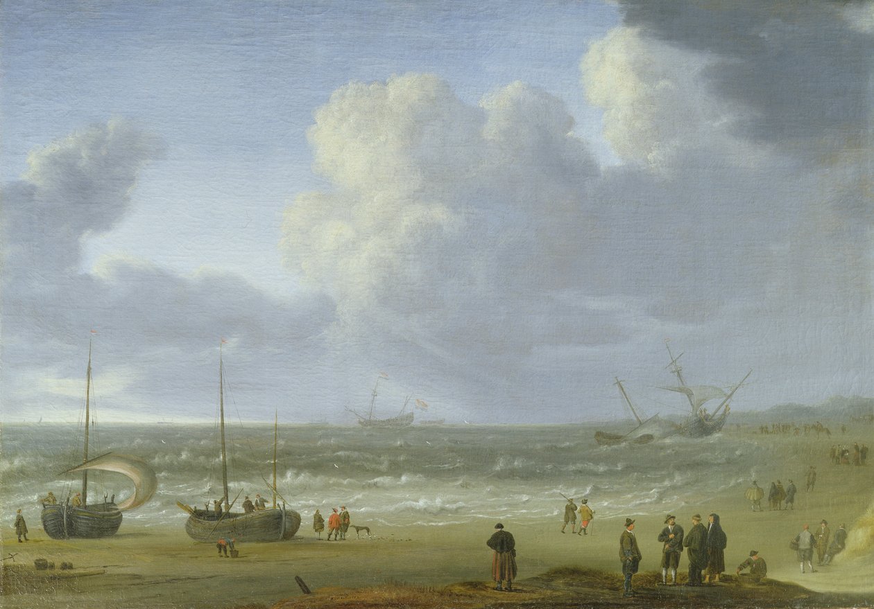 Navires dans un estuaire avec des pêcheurs sur une jetée - Jeronimus van Diest