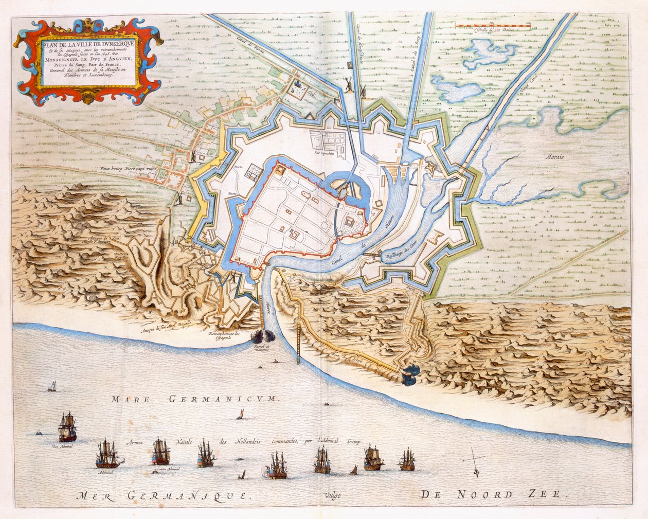 Ville de Dunkerque sous la domination espagnole : plan montrant les défenses côtières, le château et les fortifications de bastion, 1649 - Joan Blaeu