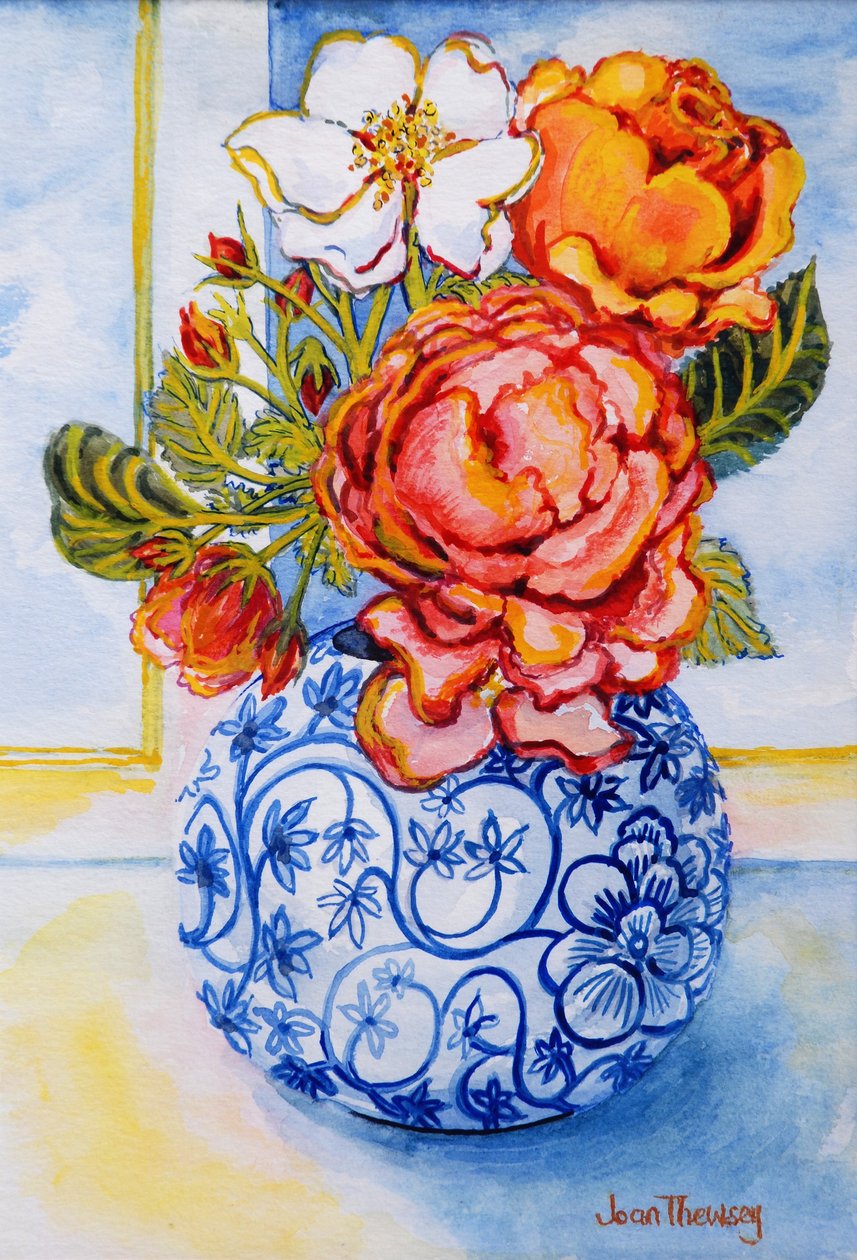 Roses de cottage, vase rond bleu et blanc 2004 - Joan Thewsey