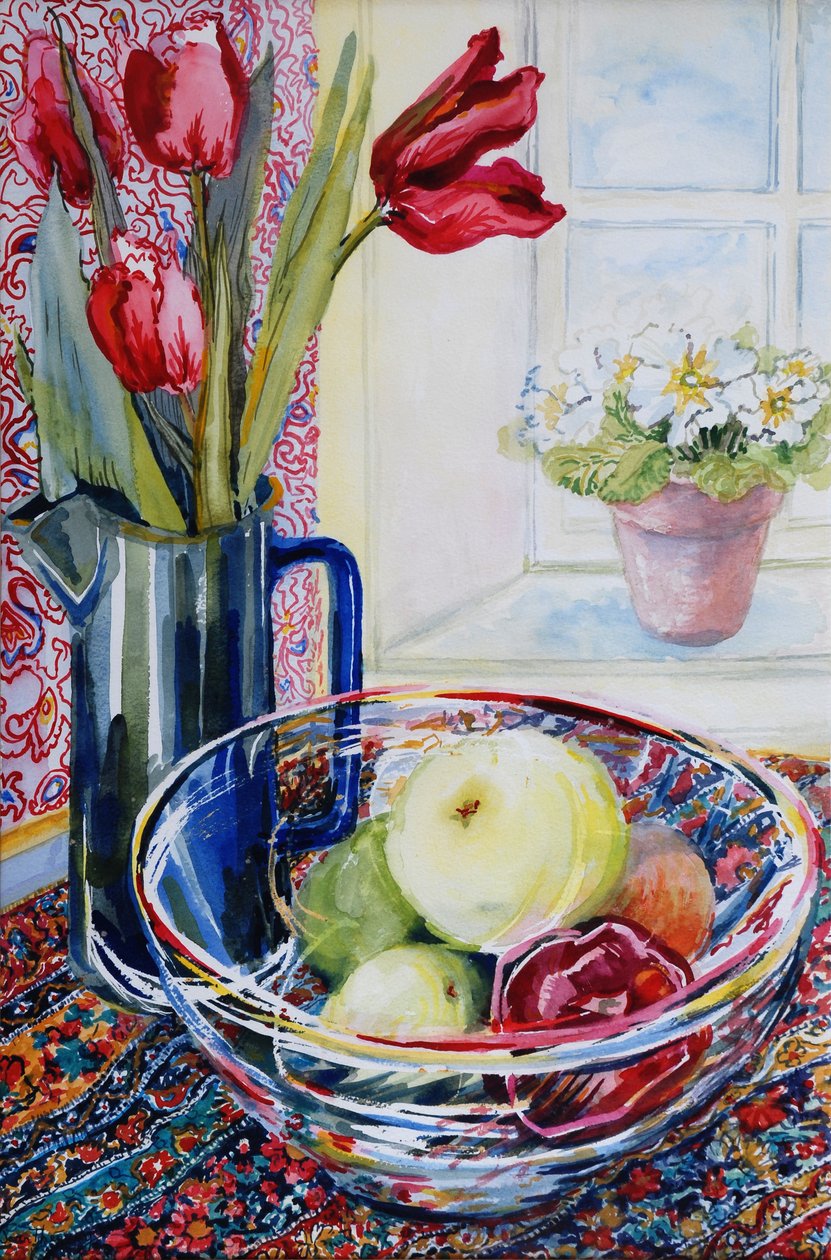 Tulipes dans un pichet, avec un bol en verre - Joan Thewsey