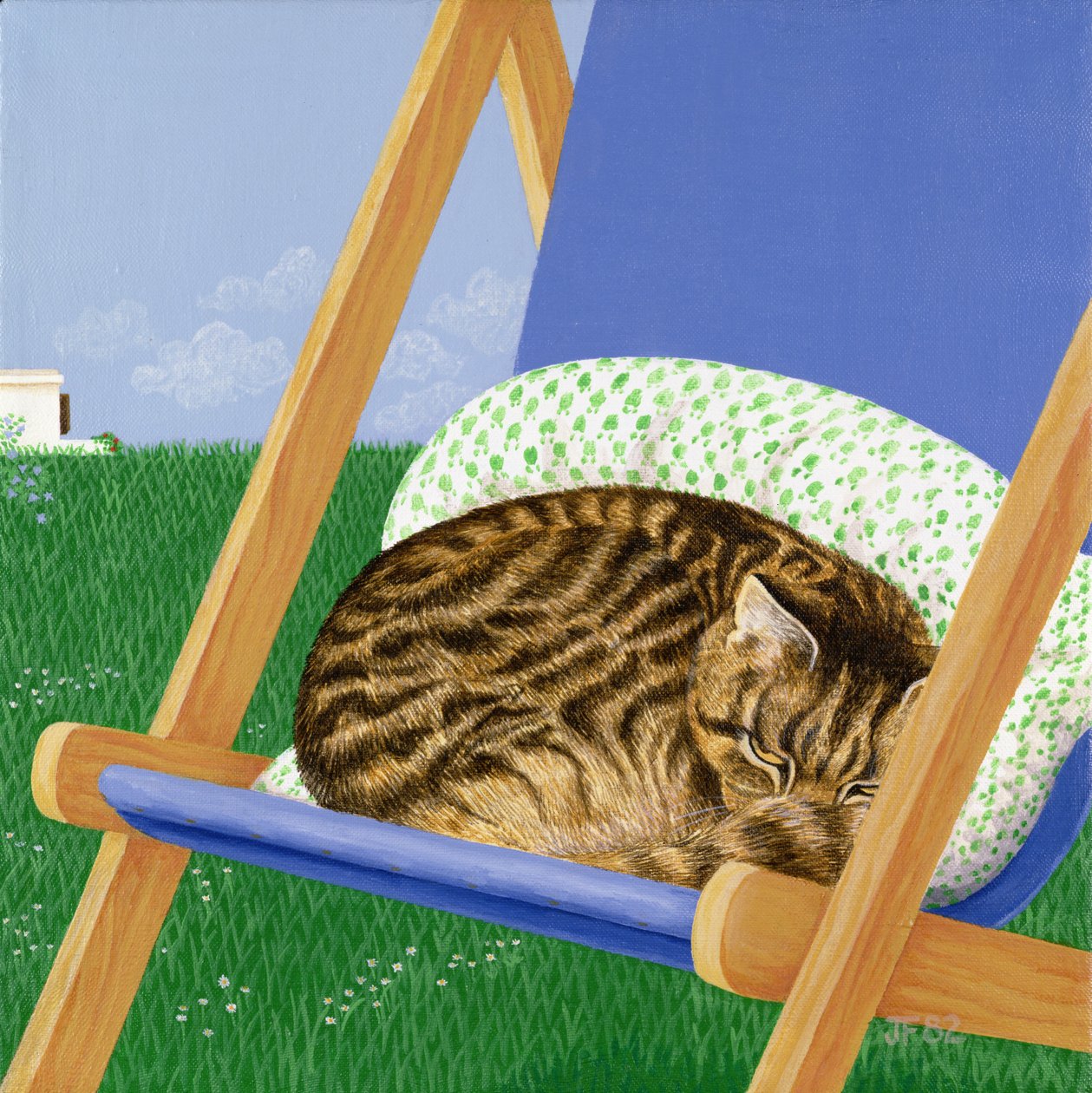 Chat tigré endormi sur une chaise longue - Joan Freestone