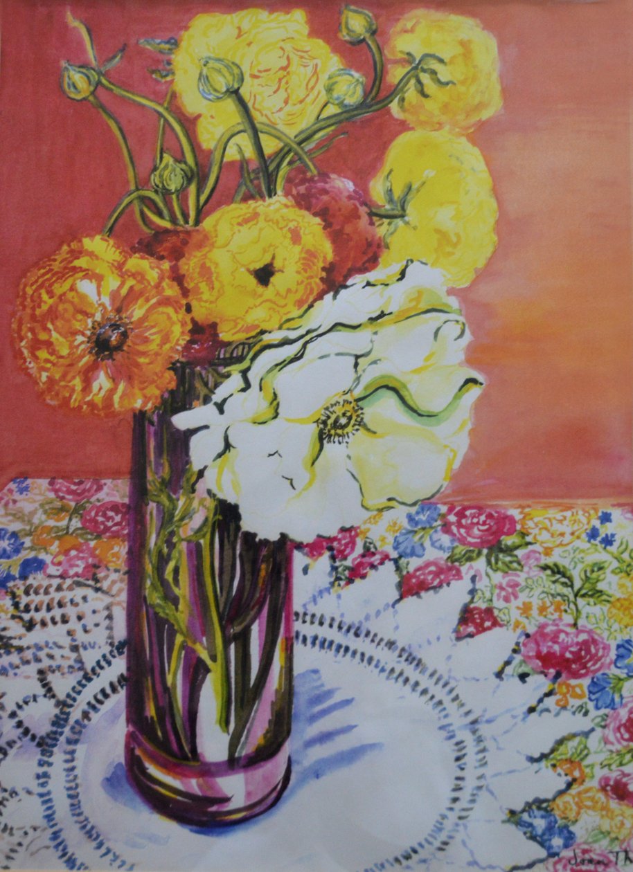 Renoncules sur une nappe en dentelle - Joan Thewsey