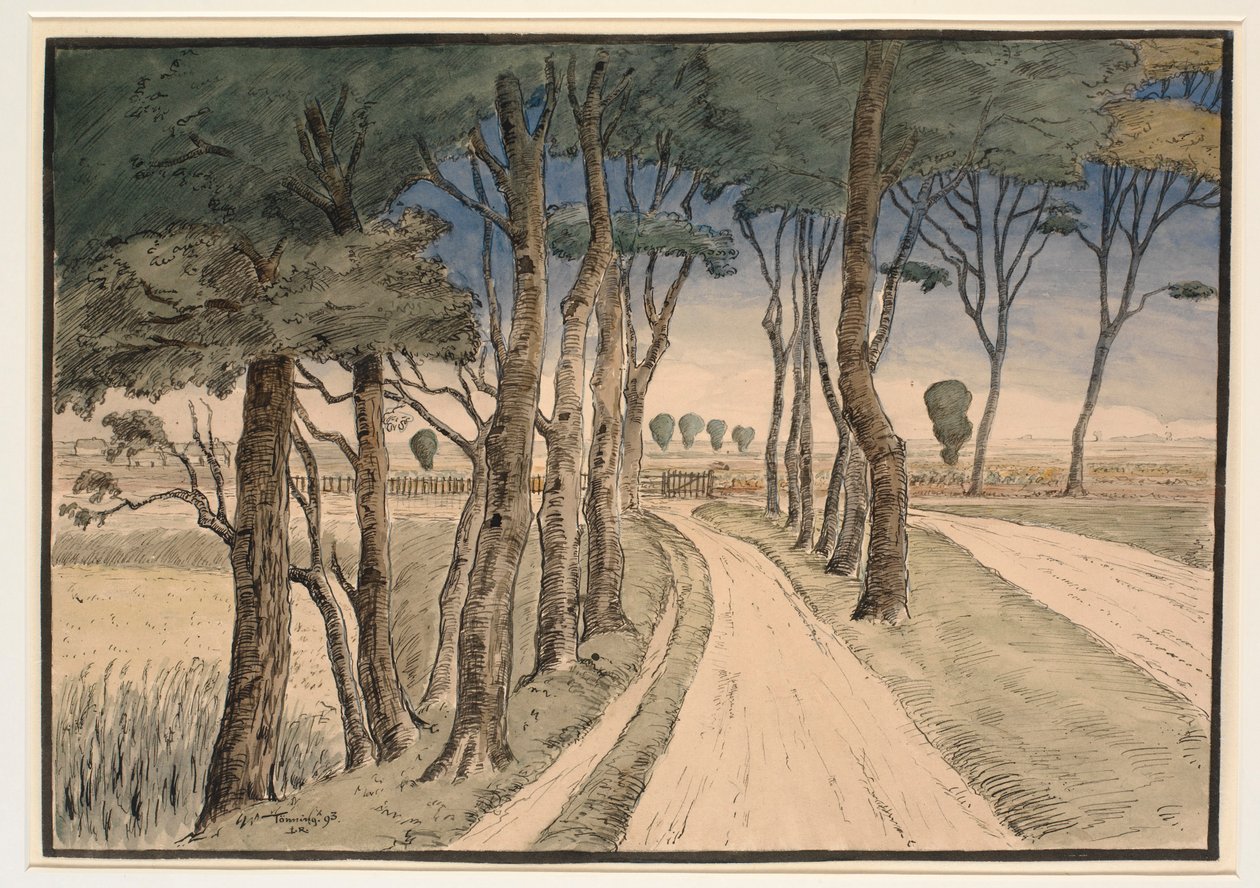 Paysage de campagne. Au premier plan, une route avec des arbres - Johan Rohde
