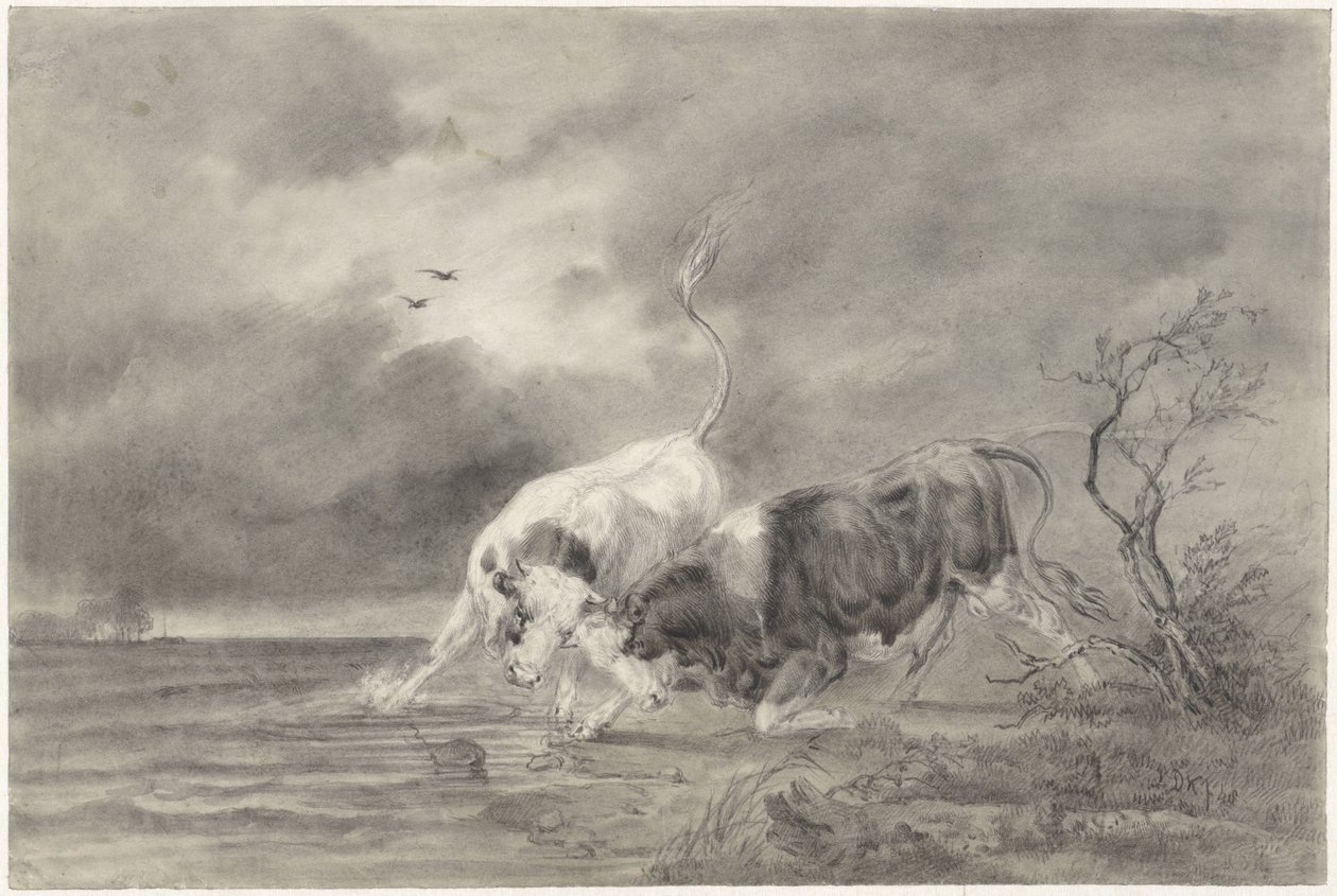 Deux taureaux se battant dans un paysage fluvial - Johan Daniël Koelman