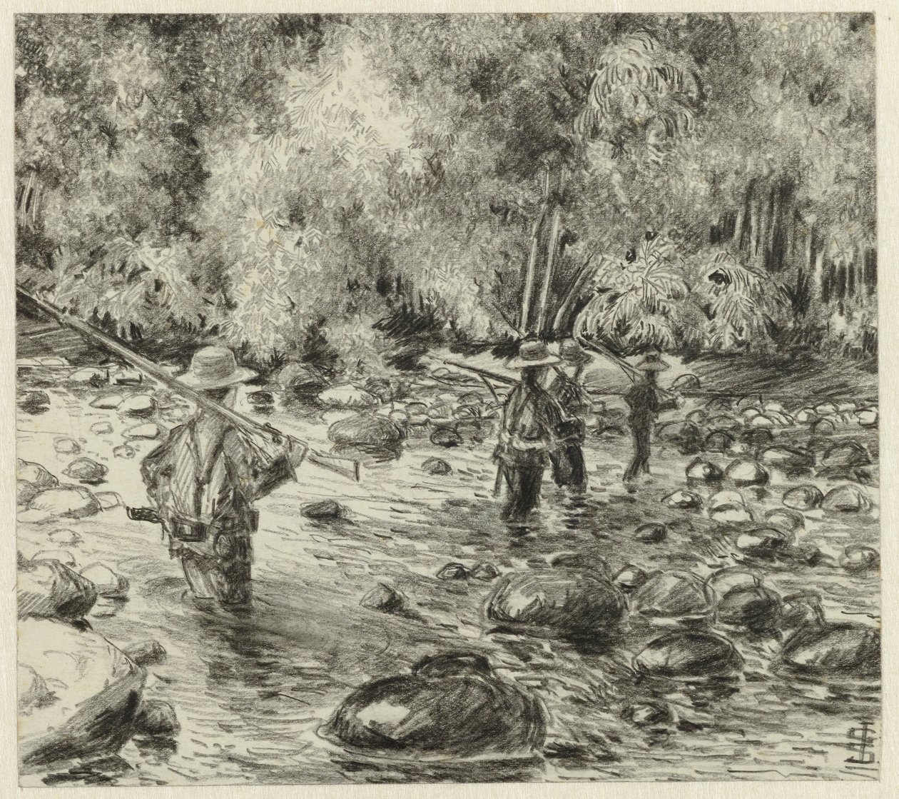 Soldats traversant une rivière - Johan Gerard Sinia