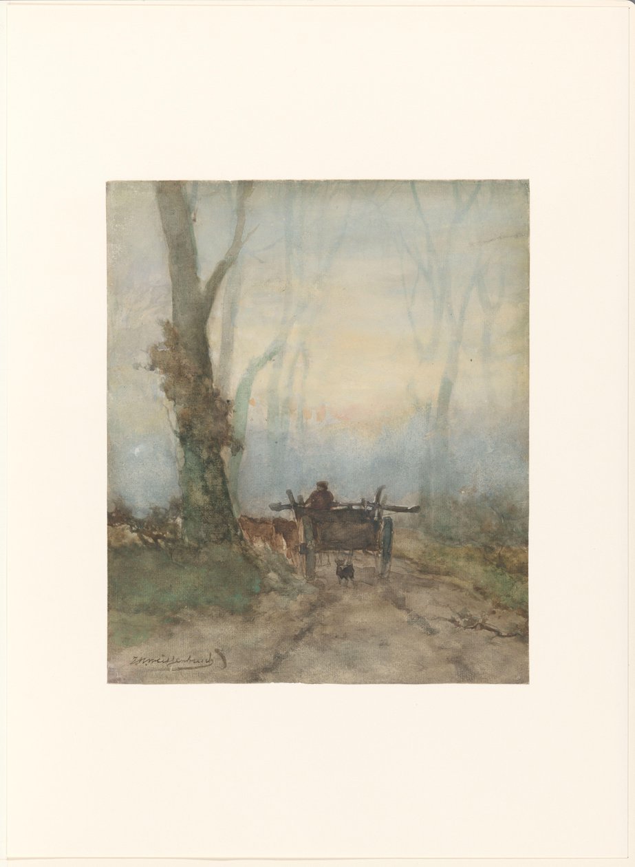Chariot de paysan sur un chemin forestier - Johan Hendrik Weissenbruch (signed by artist)