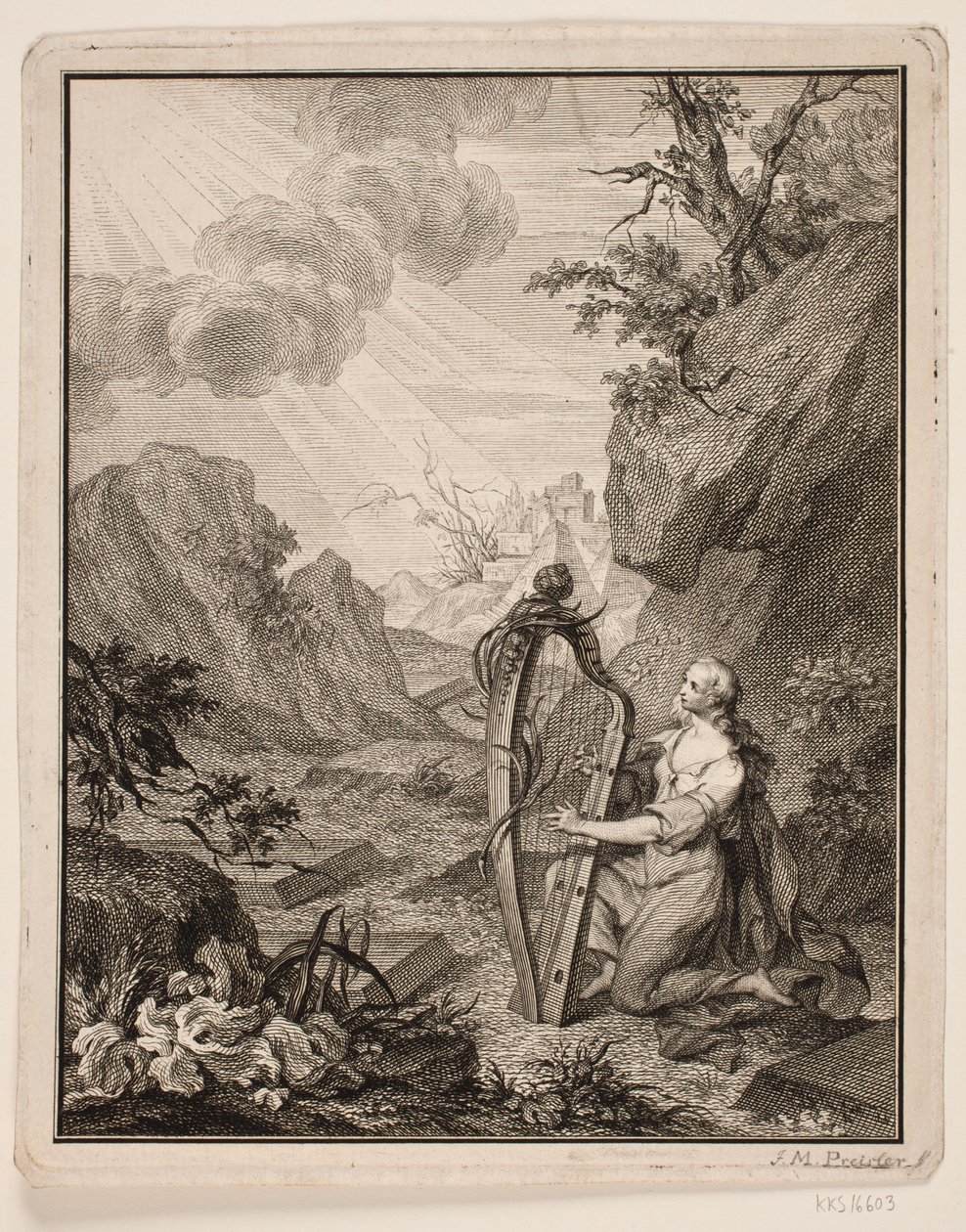 Femme jouant de la harpe dans un paysage montagneux - Johan Martin Preisler