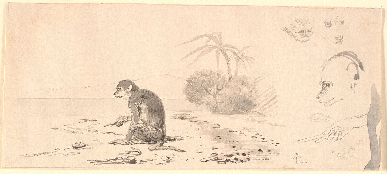 Le singe. À droite, études de têtes de singe, etc. - Johan Thomas Lundbye