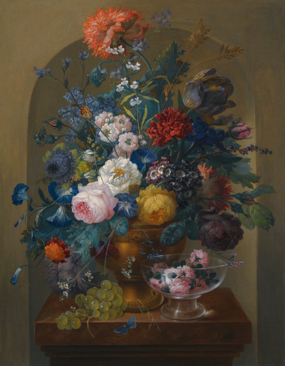 Nature morte de fleurs dans une urne avec des roses coupées dans un verre - Johann Baptist Drechsler