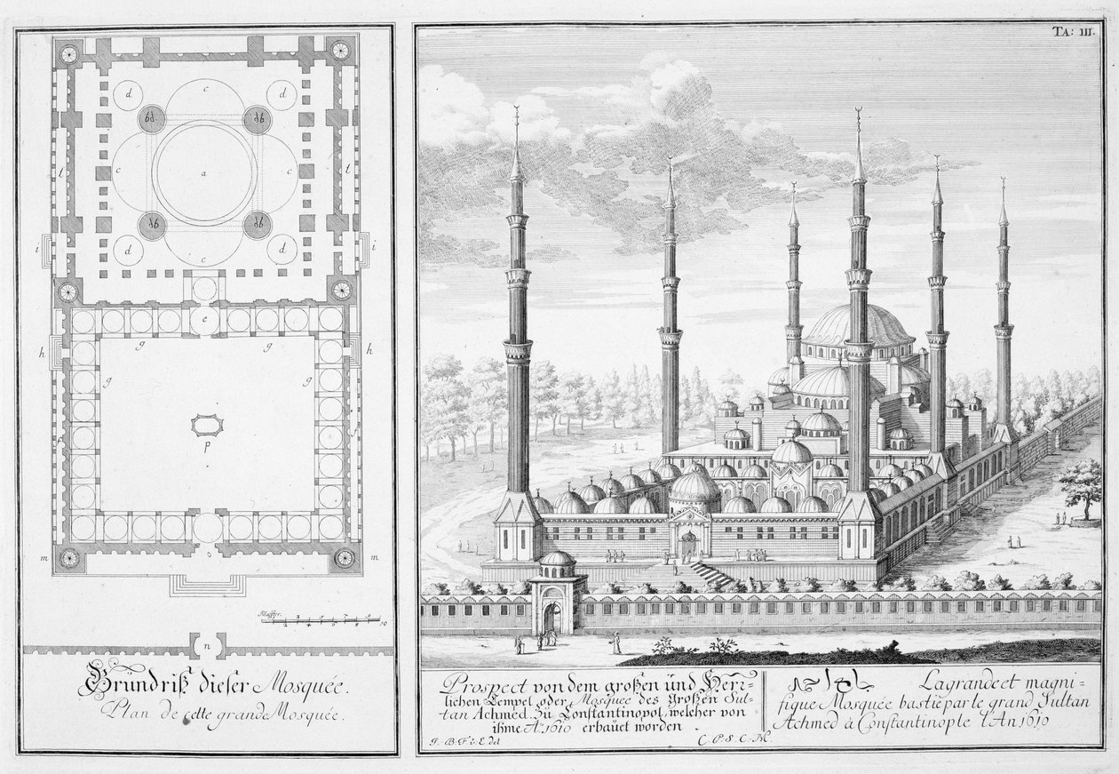 Plan et vue de la Mosquée Bleue (1609-16), construite par le sultan Ahmed I (1603-17), Istanbul, de 