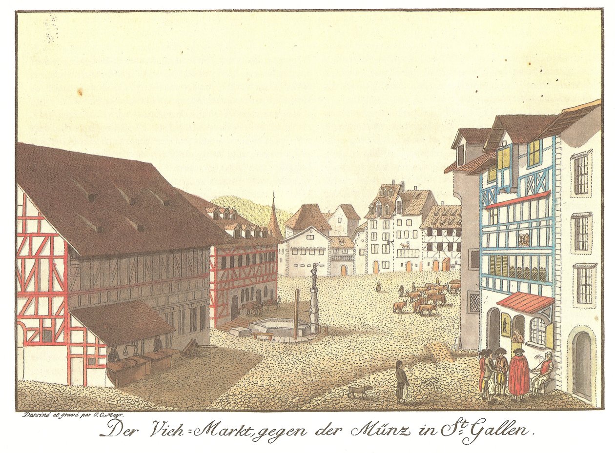 Le marché aux bestiaux vers la monnaie à St. Gallen (titre original) - Johann Conrad Mayr