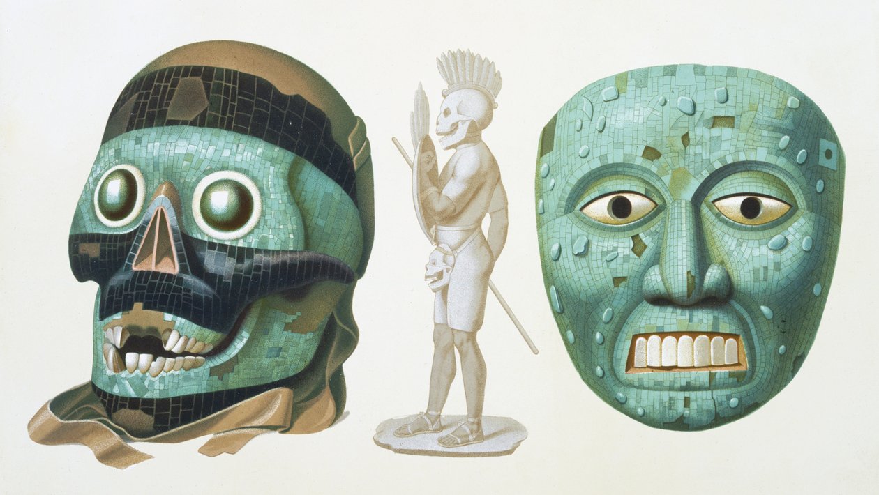 À gauche : masque crânien du dieu Tezcatlipoca et à droite : masque représentant le dieu Quetzalcoatl ou Tonatiuh, vers 1500, planche 43 de 