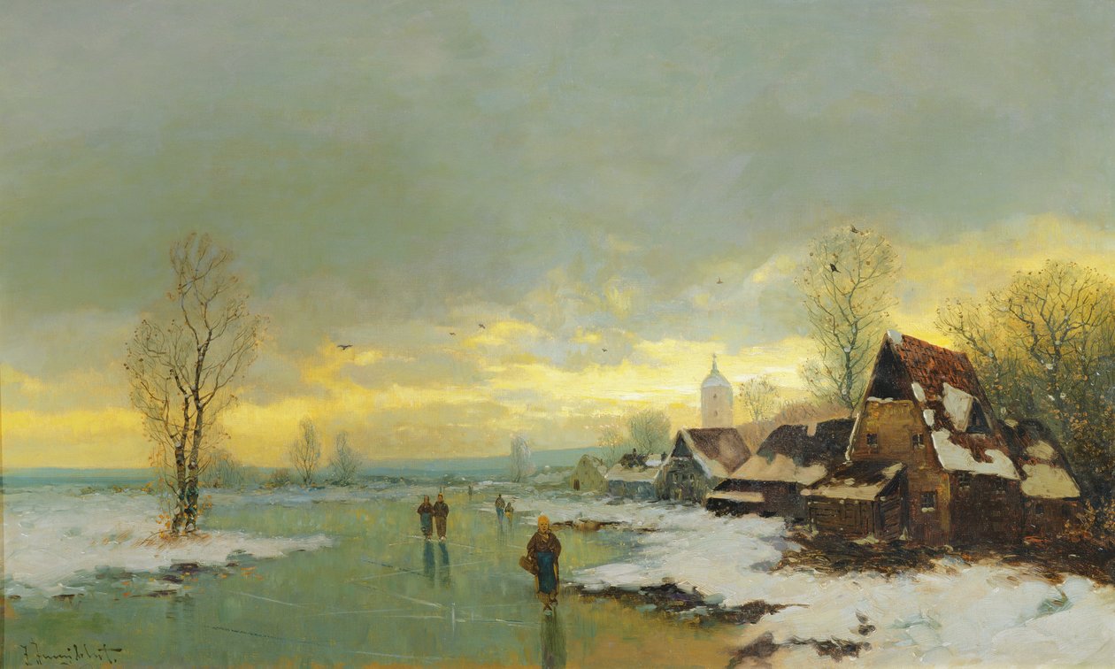 Personnes marchant sur une rivière gelée - Johann II Jungblut
