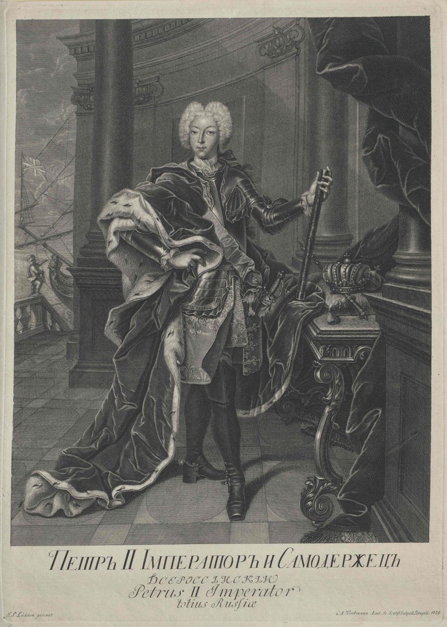 Portrait de Pierre II, gravé par Christian Albrecht Wortmann, 1729 - Johann Paul Luedden