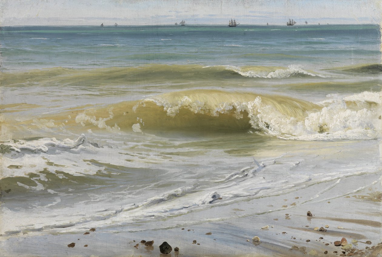 Vagues déferlantes avec des navires au loin - Johann Wilhelm Schirmer
