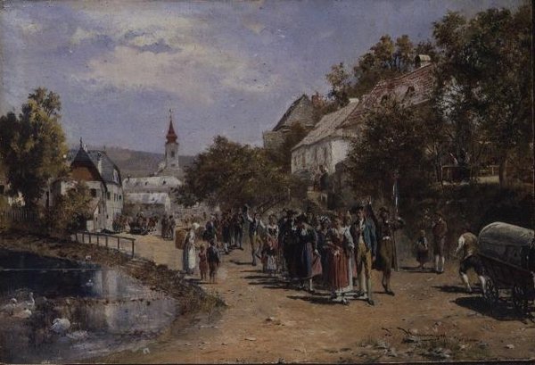 Procession dans une rue de village en Autriche - Johann Hamza