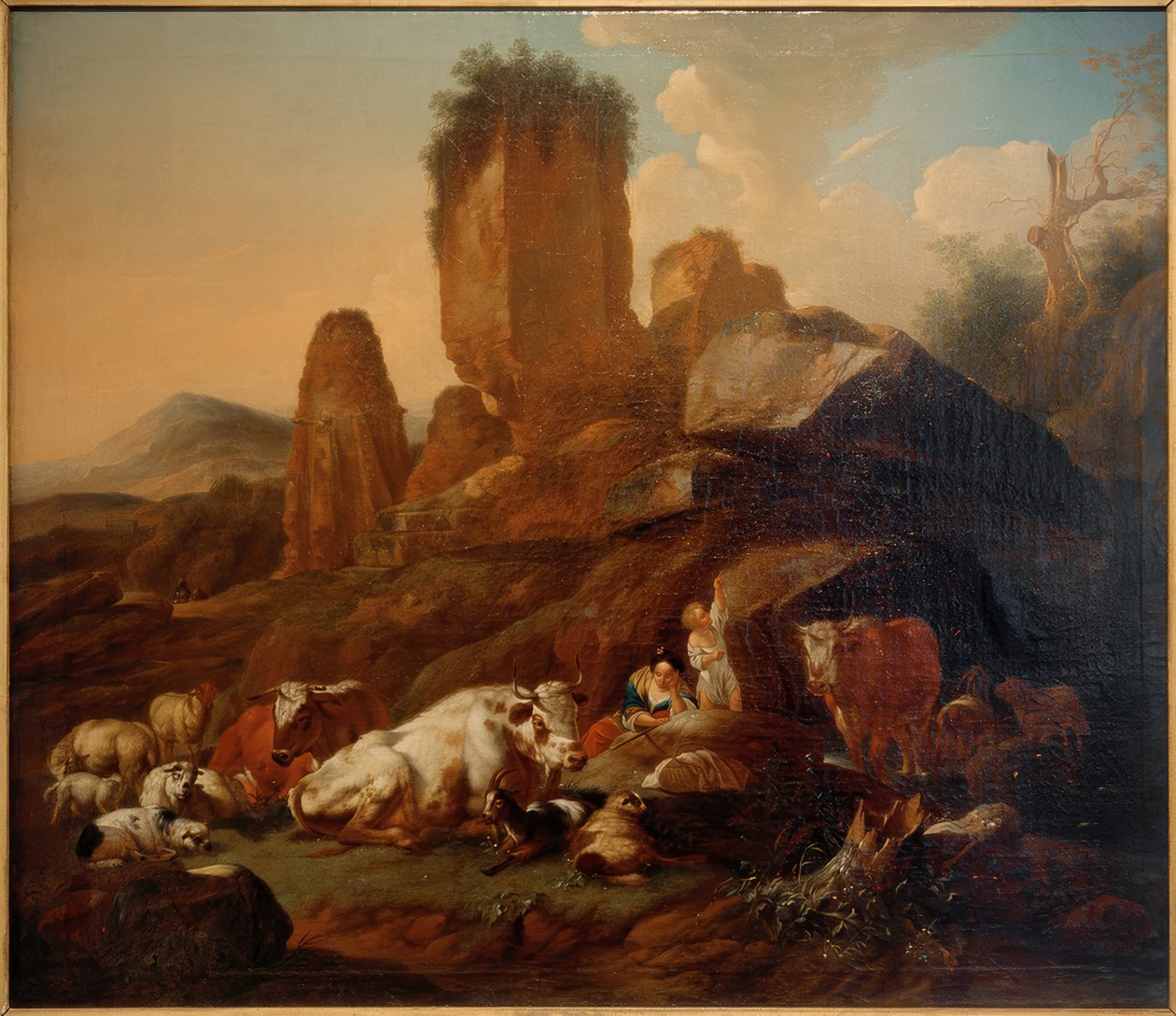 Bergère au repos et bétail - Johann Heinrich Roos