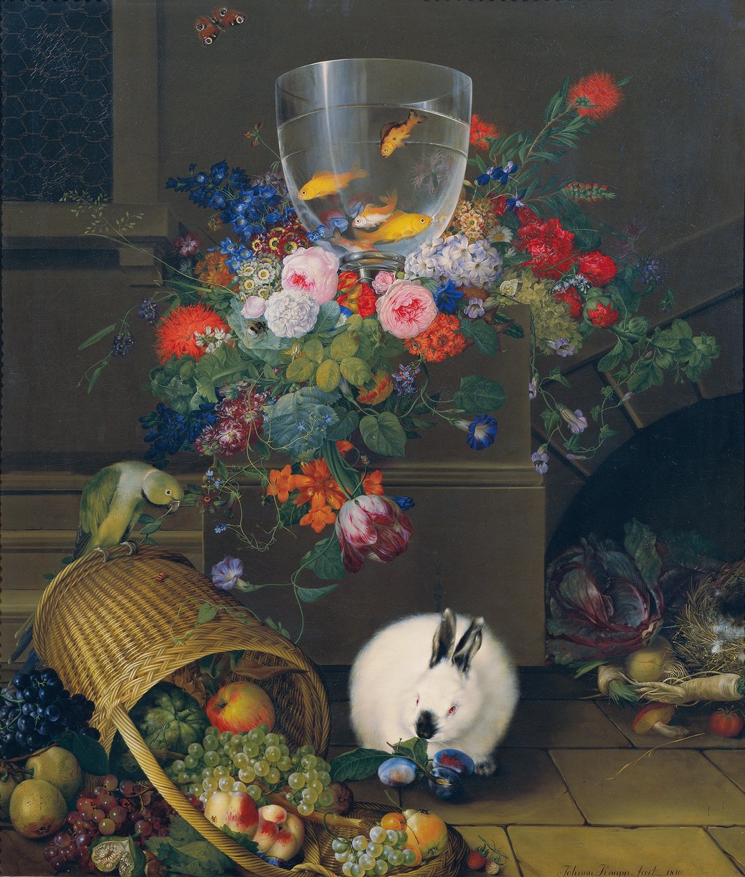 Nature morte avec bocal à poissons rouges - Johann Knapp