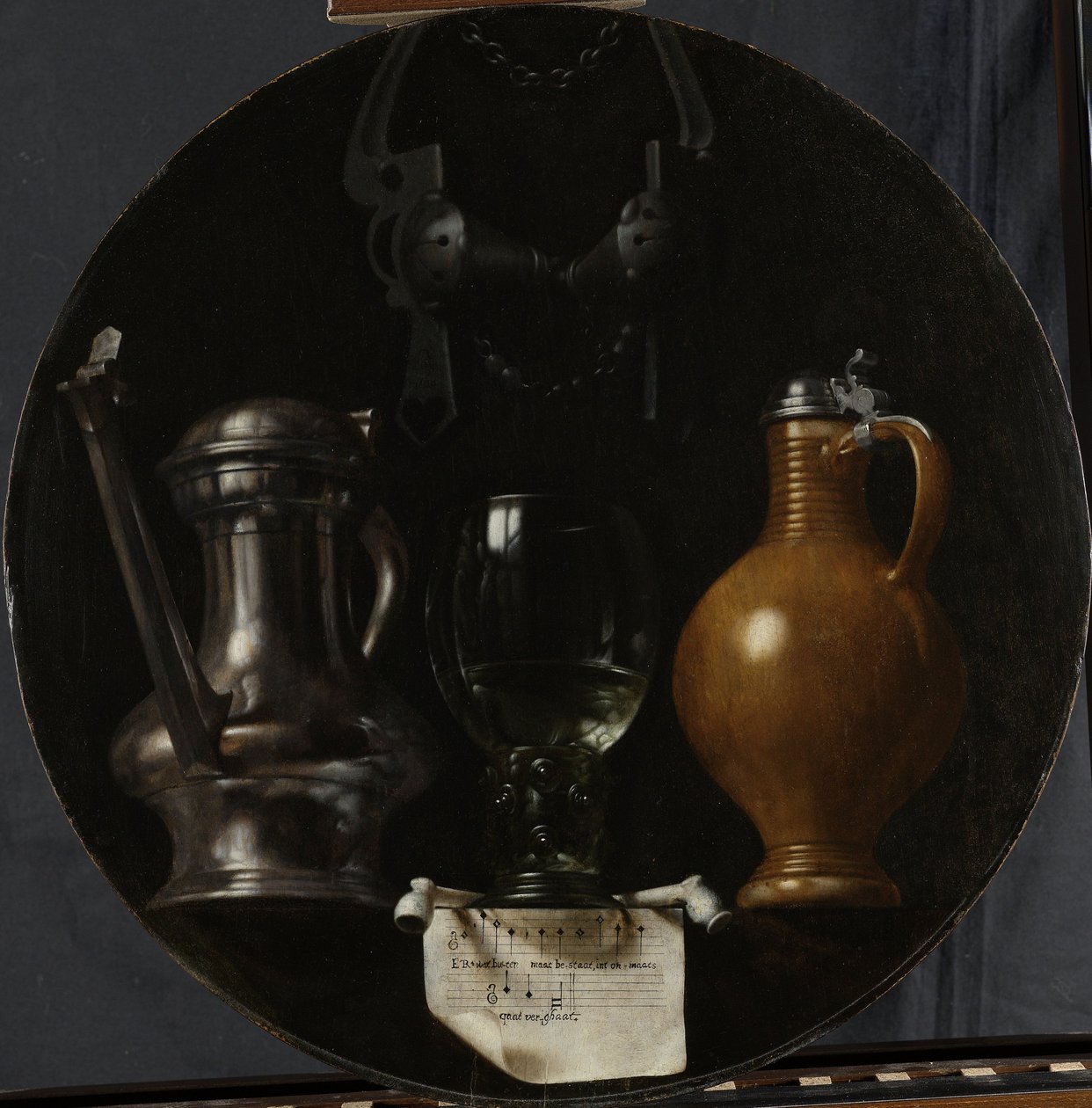 Nature morte emblématique avec flacon, verre, cruche et bride, 1614 - Johannes Torrentius
