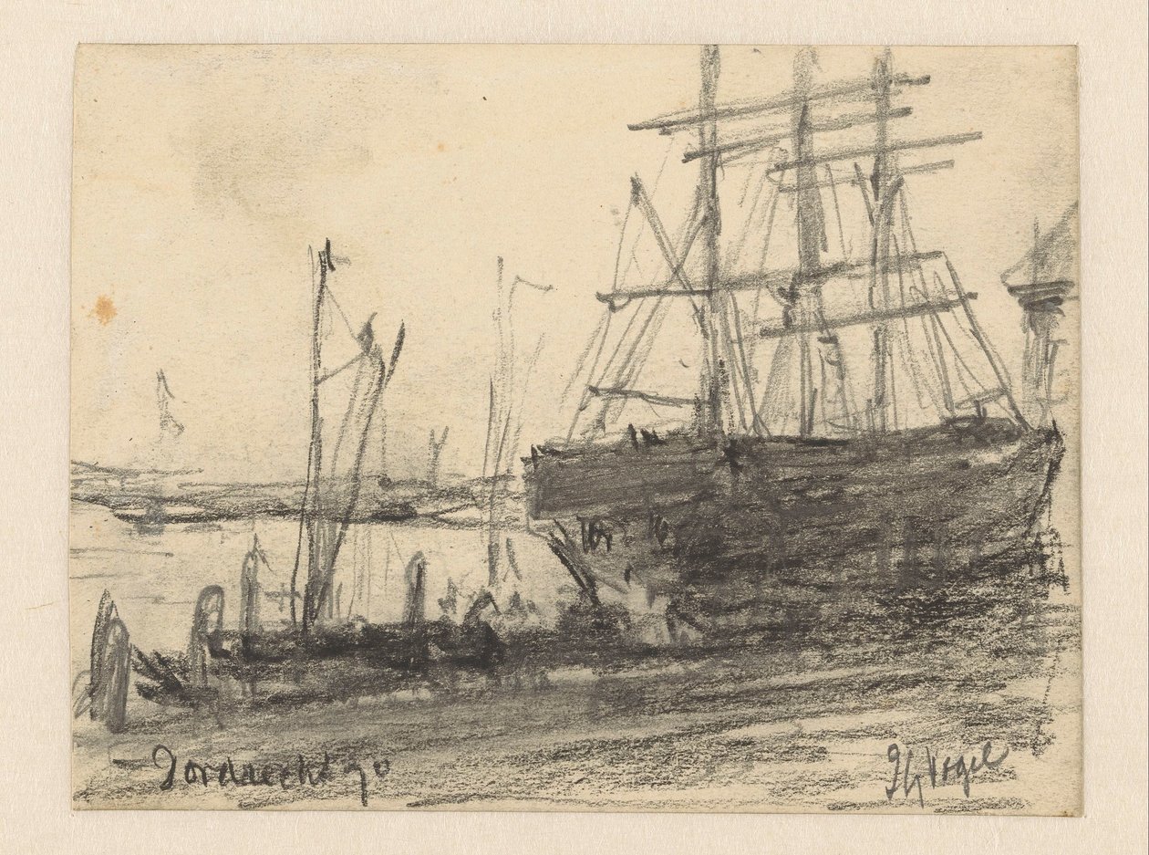 Navires devant Dordrecht - Johannes Gijsbert Vogel