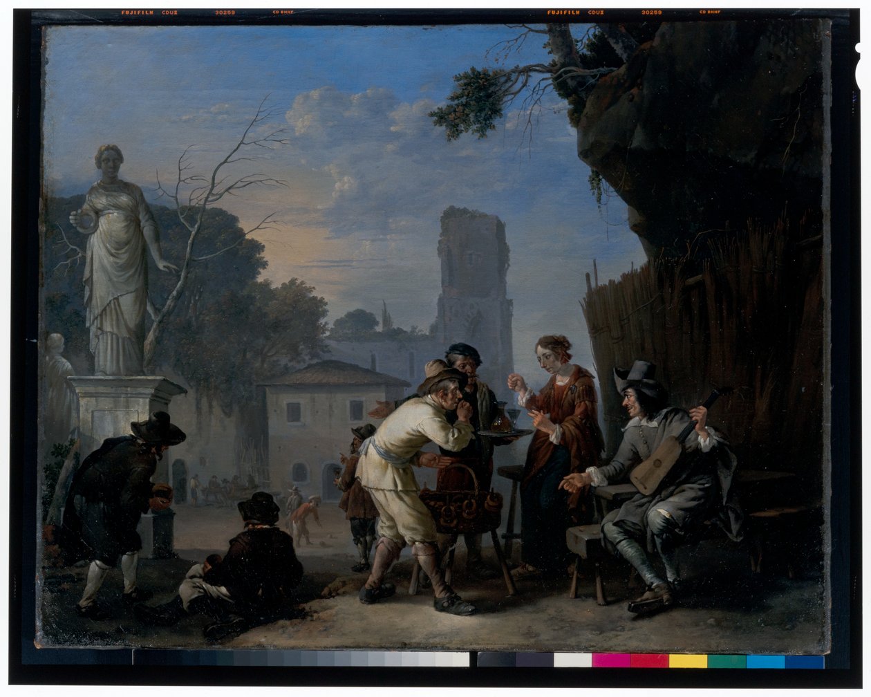 Une taverne sur une place - Johannes Lingelbach