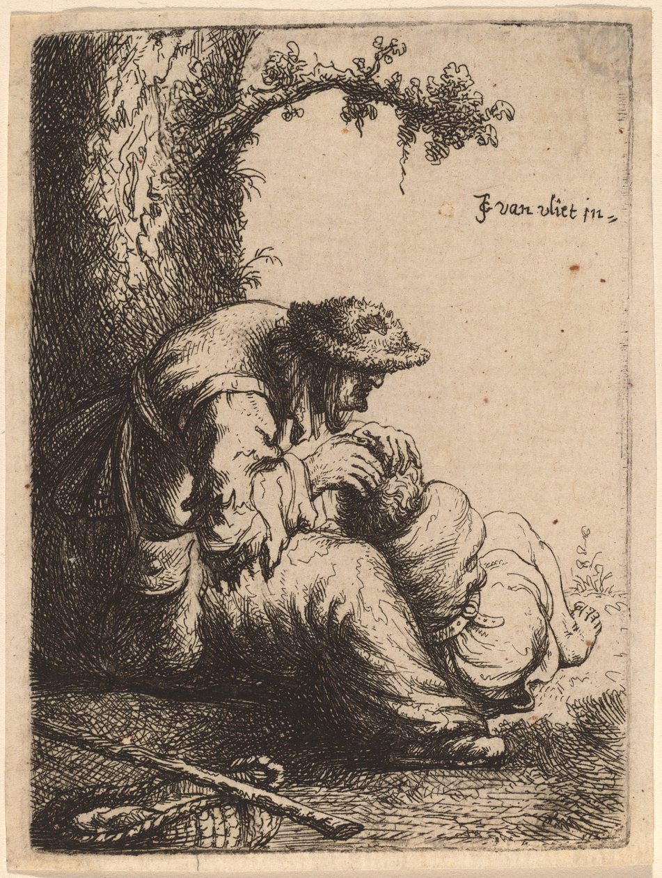 Mendiante épluchant un garçon - Johannes van Vliet
