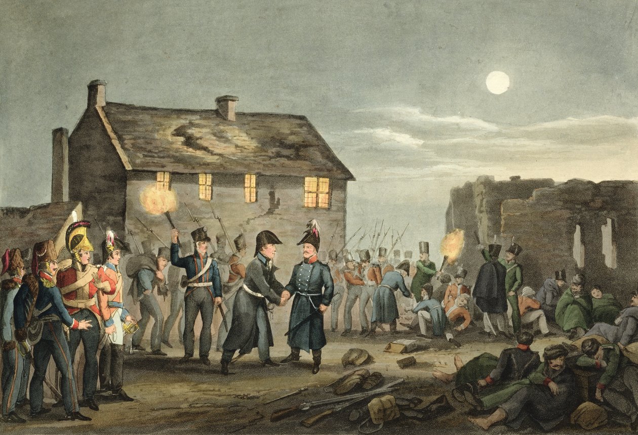 Wellington et Blücher se rencontrant par accident à la fin de la bataille de Waterloo, gravé par Matthew Dubourg de 