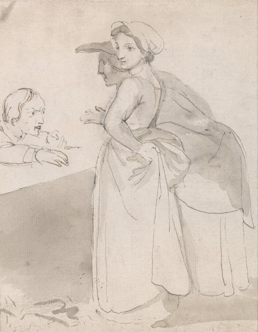 Deux femmes parlant à un homme à un comptoir - John Flaxman