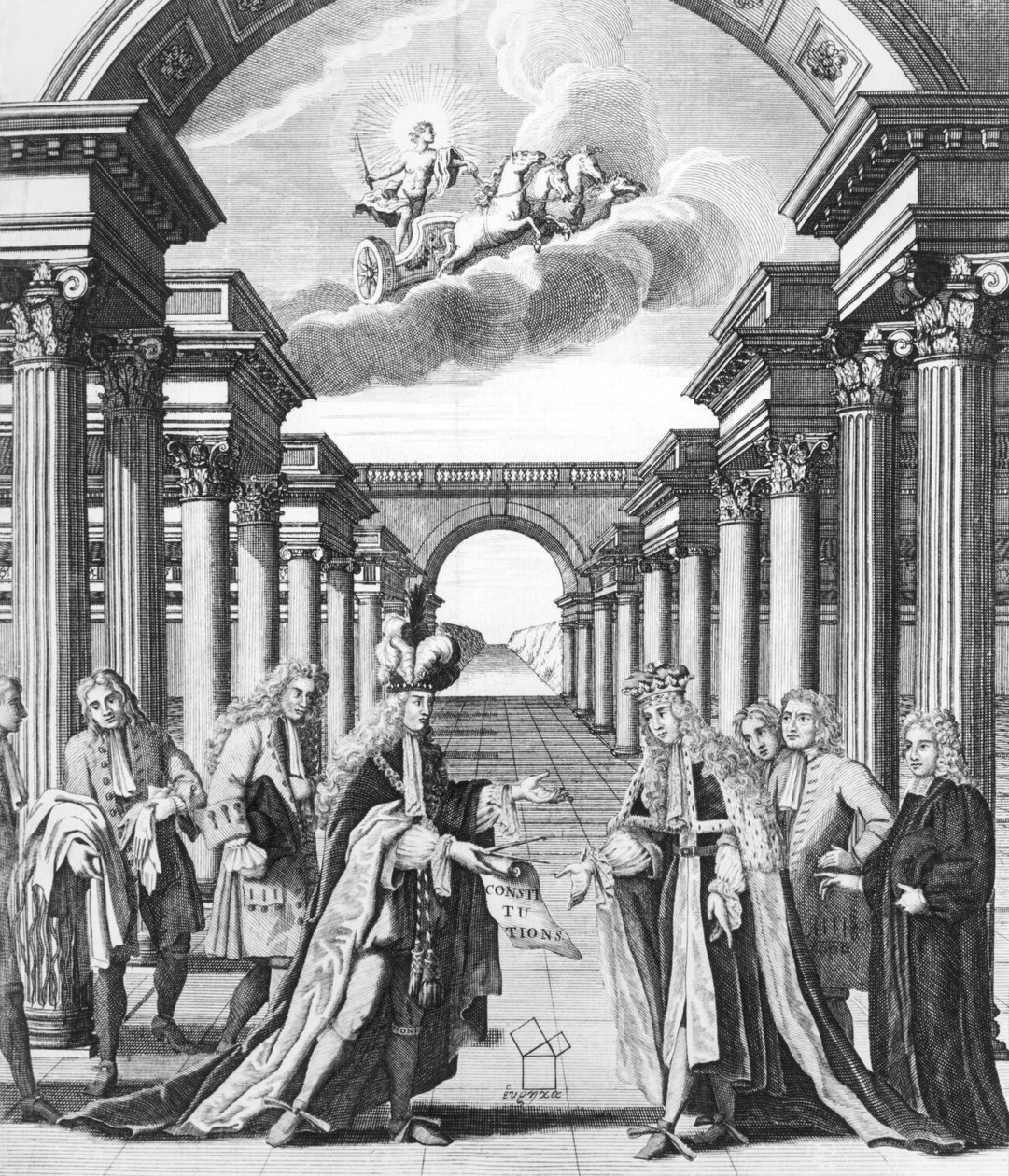 Les constitutions de la franc-maçonnerie par James Anderson, frontispice, publié par John Senex et John Hook, Londres, 1723 - John Pine