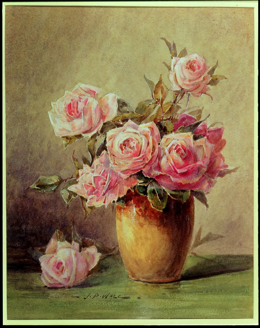 Roses roses dans un vase jaune - John Porter Wale