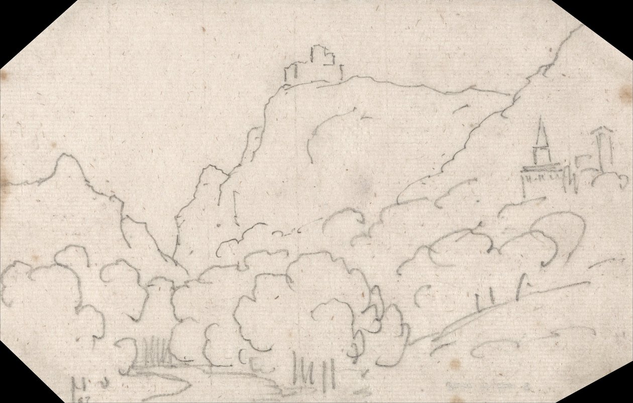 Vue de montagne avec bâtiments - John Robert Cozens