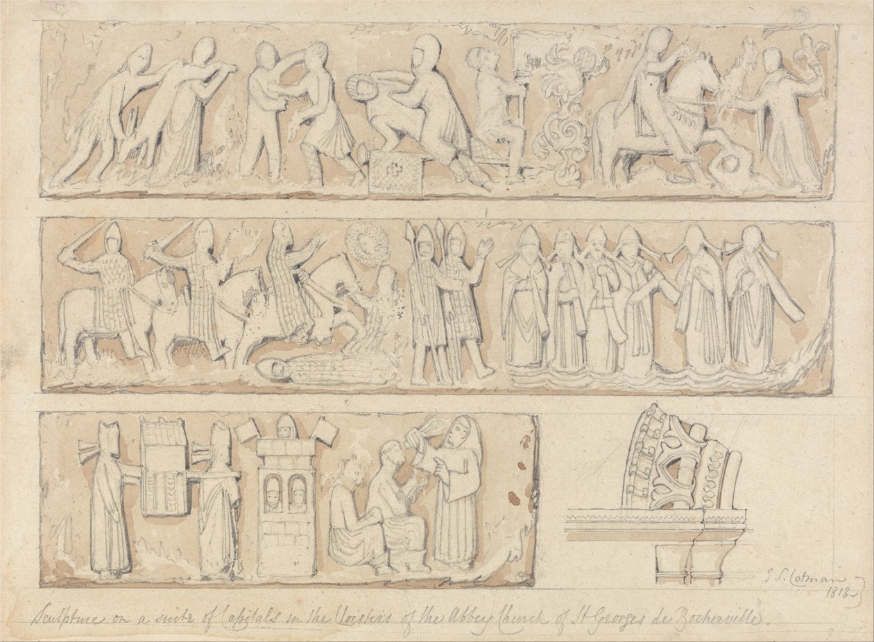 Sculpture sur une suite de chapiteaux dans les cloîtres de l