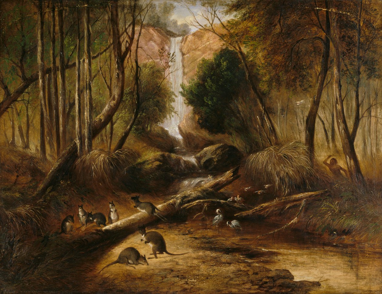 (Paysage de brousse avec cascade et un aborigène traquant des animaux indigènes, Nouvelle-Galles du Sud) - John Skinner Prout