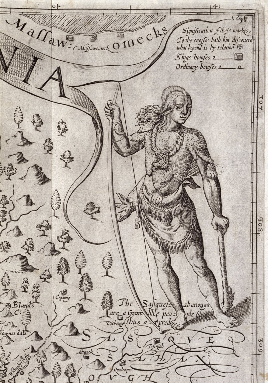 Guerrier Susquehannock (détail) de la carte de Virginie, gravée par William Hole, publiée en 1612 - John Smith 2