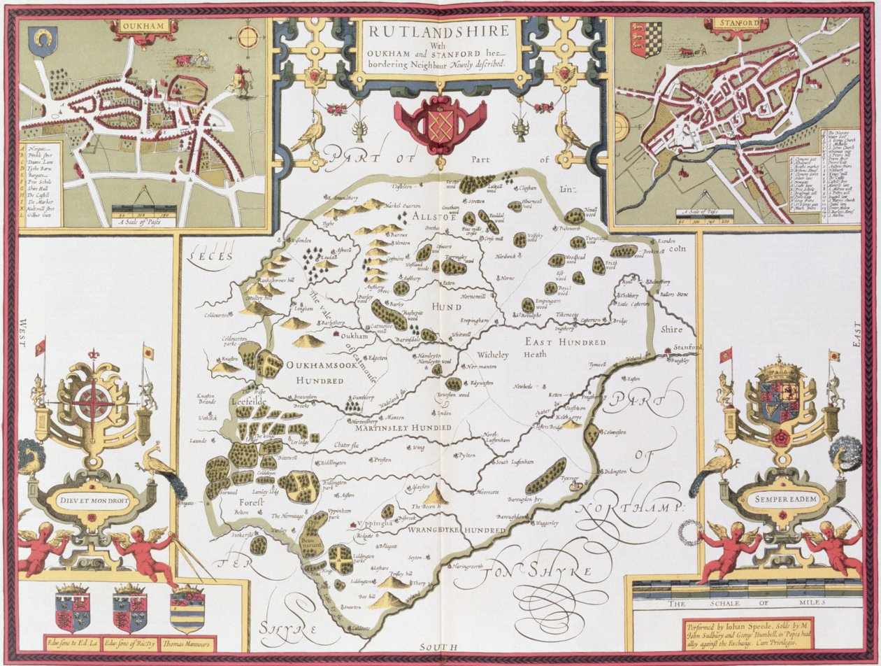 Rutlandshire avec Oukham et Stanford, gravé par Jodocus Hondius de 
