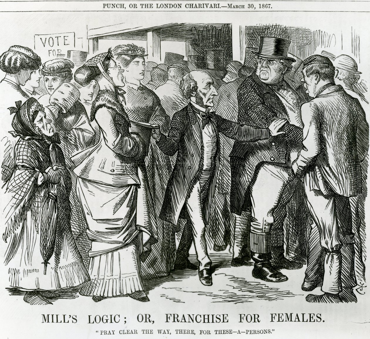 La logique de Mill : ou, le droit de vote pour les femmes, caricature de Punch, Londres, 1867 - John Tenniel