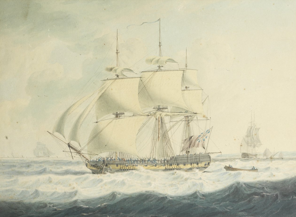 H.M.S. Thisbe descendant le canal sous voile réduite dans des conditions agitées, avec d