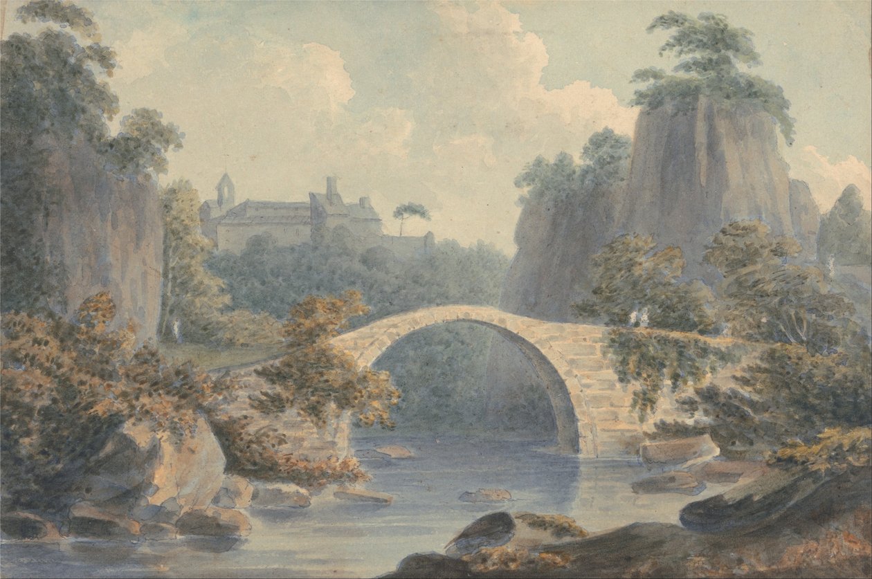Paysage fluvial avec un pont à arche unique - John Warwick Smith