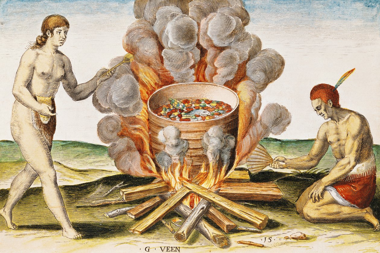 Cuisson des aliments dans un pot en terre cuite, tirée de 